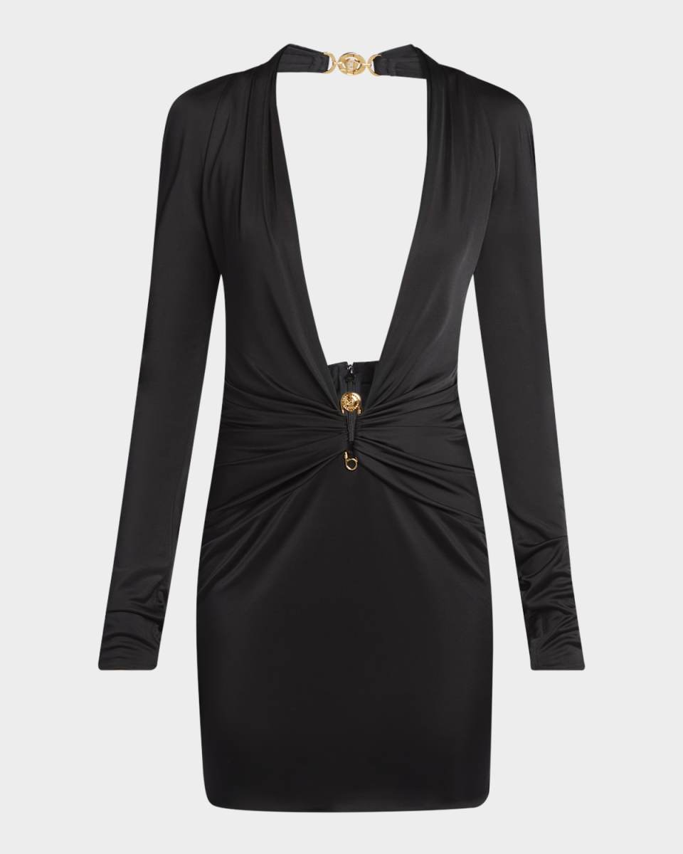 Plunging Safety-Pin Ruched Responsible Liquid Jersey Mini Dress